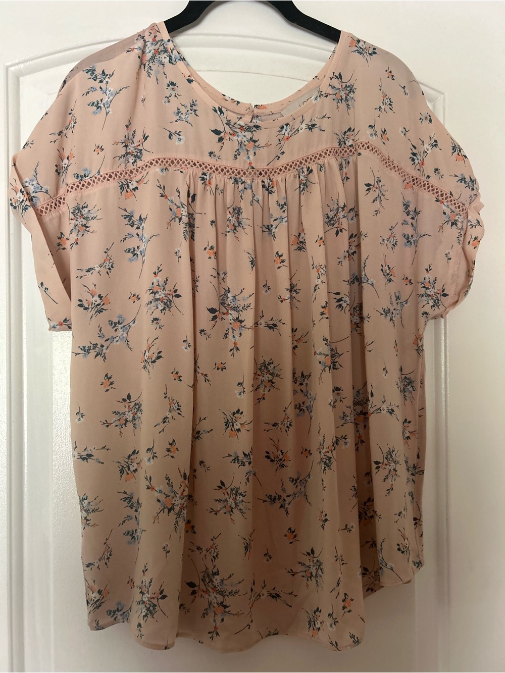 LOFT Pink Floral Crochet-Yoke Short Sleeve Top